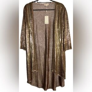 Emi & Joe Metallic Gold Open Cardigan Hi-Lo Hem 1/2 Sleeve Women’s Size M New